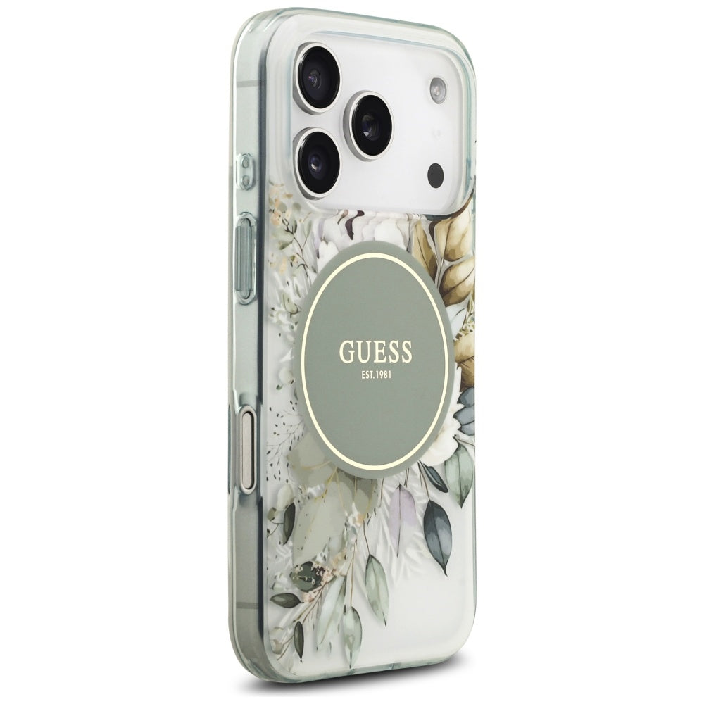 Etui MagSafe dla Apple iPhone 17 Pro Max, Guess, IML Flower & Tonal Circle, Zielony