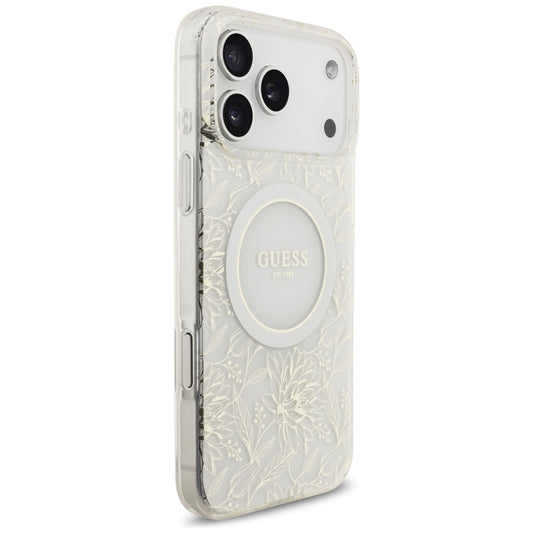 Etui MagSafe dla Apple iPhone 17 Pro Max, Guess, IML Flowers Allover Electroplated with Pearl Strap, Białe