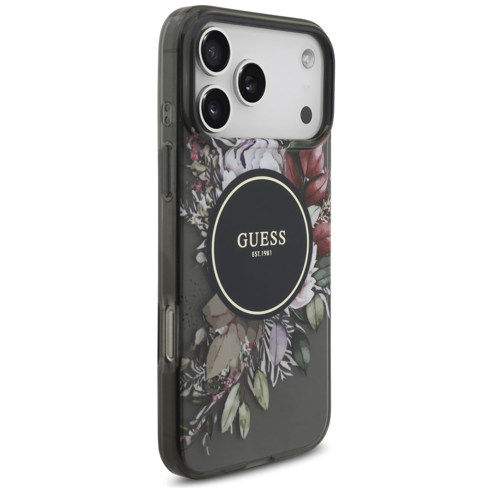 Etui MagSafe dla Apple iPhone 17 Pro Max, Guess, IML Flowers with Pearl Strap, Czarne