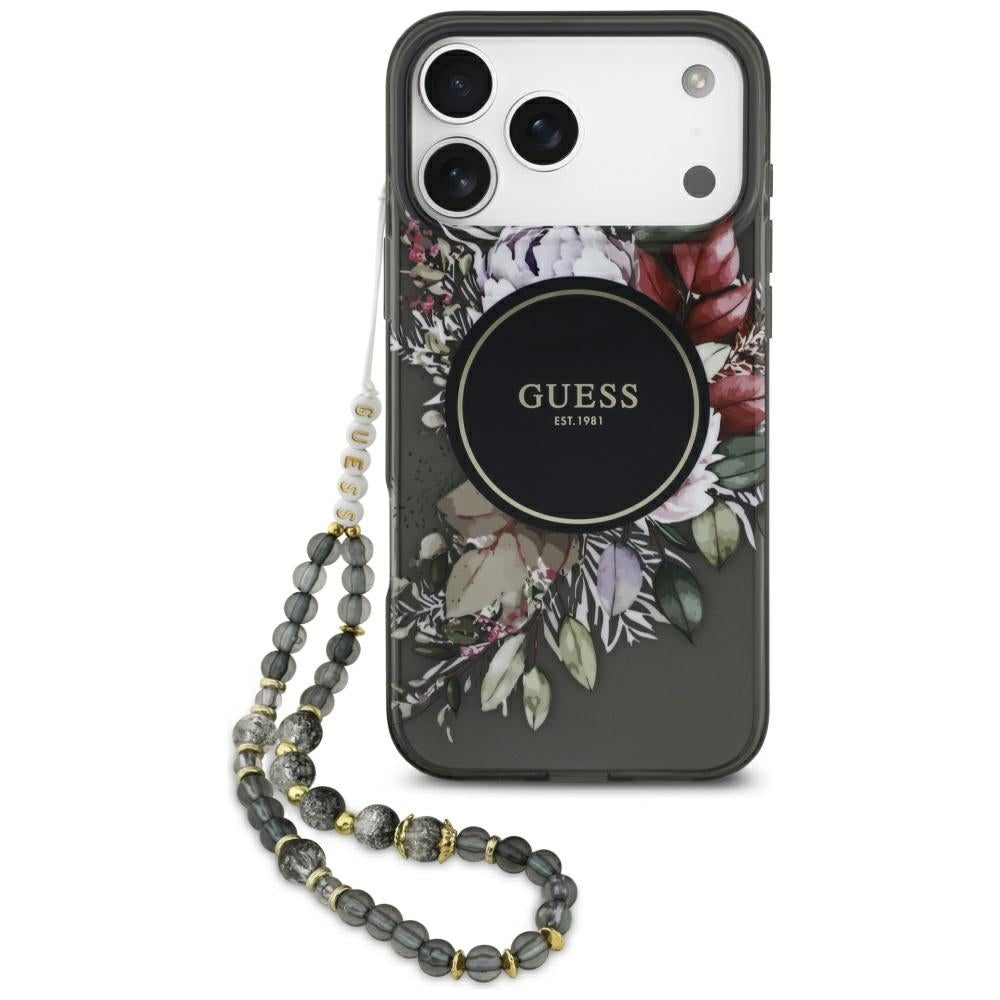 Etui MagSafe dla Apple iPhone 17 Pro Max, Guess, IML Flowers with Pearl Strap, Czarne