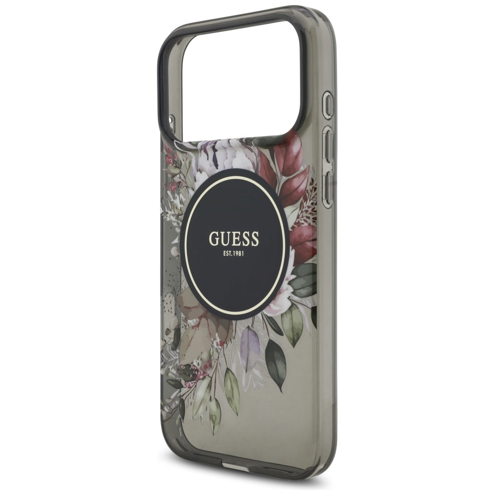 Etui MagSafe dla Apple iPhone 17 Pro Max, Guess, IML Flowers with Pearl Strap, Czarne