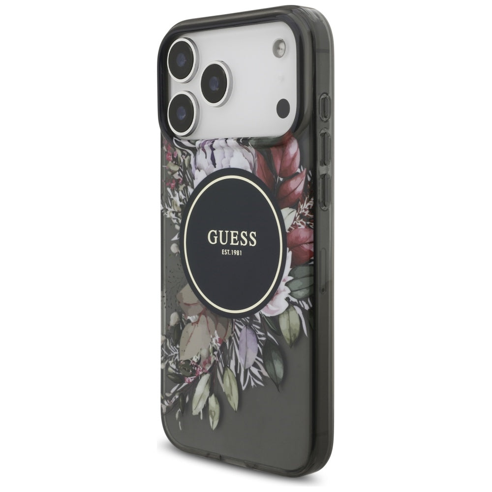Etui MagSafe dla Apple iPhone 17 Pro Max, Guess, IML Flowers with Pearl Strap, Czarne