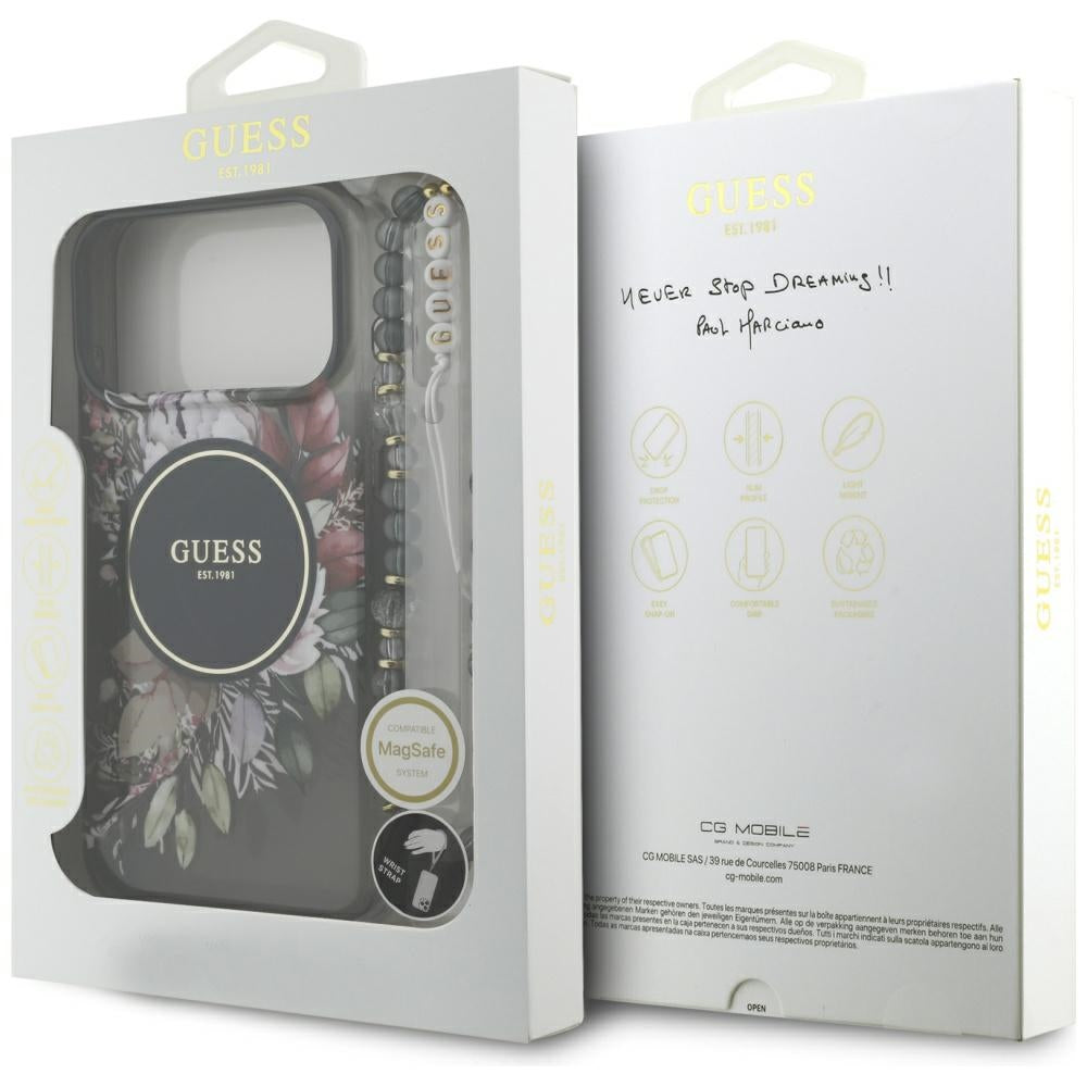 Etui MagSafe dla Apple iPhone 17 Pro Max, Guess, IML Flowers with Pearl Strap, Czarne