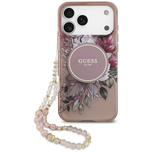 Etui MagSafe dla Apple iPhone 17 Pro Max, Guess, IML Flowers with Pearl Strap, Różowy
