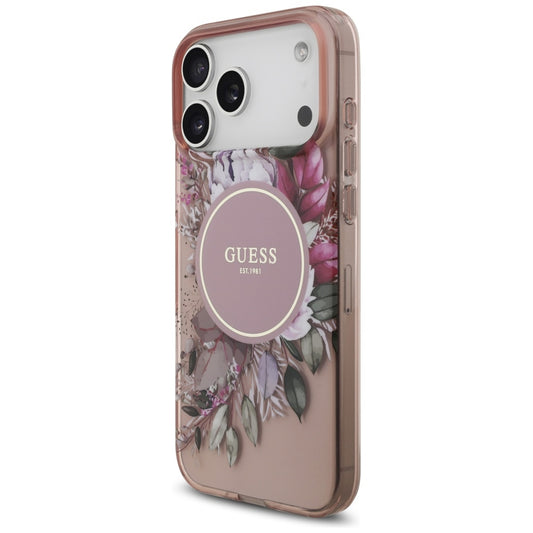 Etui MagSafe dla Apple iPhone 17 Pro Max, Guess, IML Flowers with Pearl Strap, Różowy