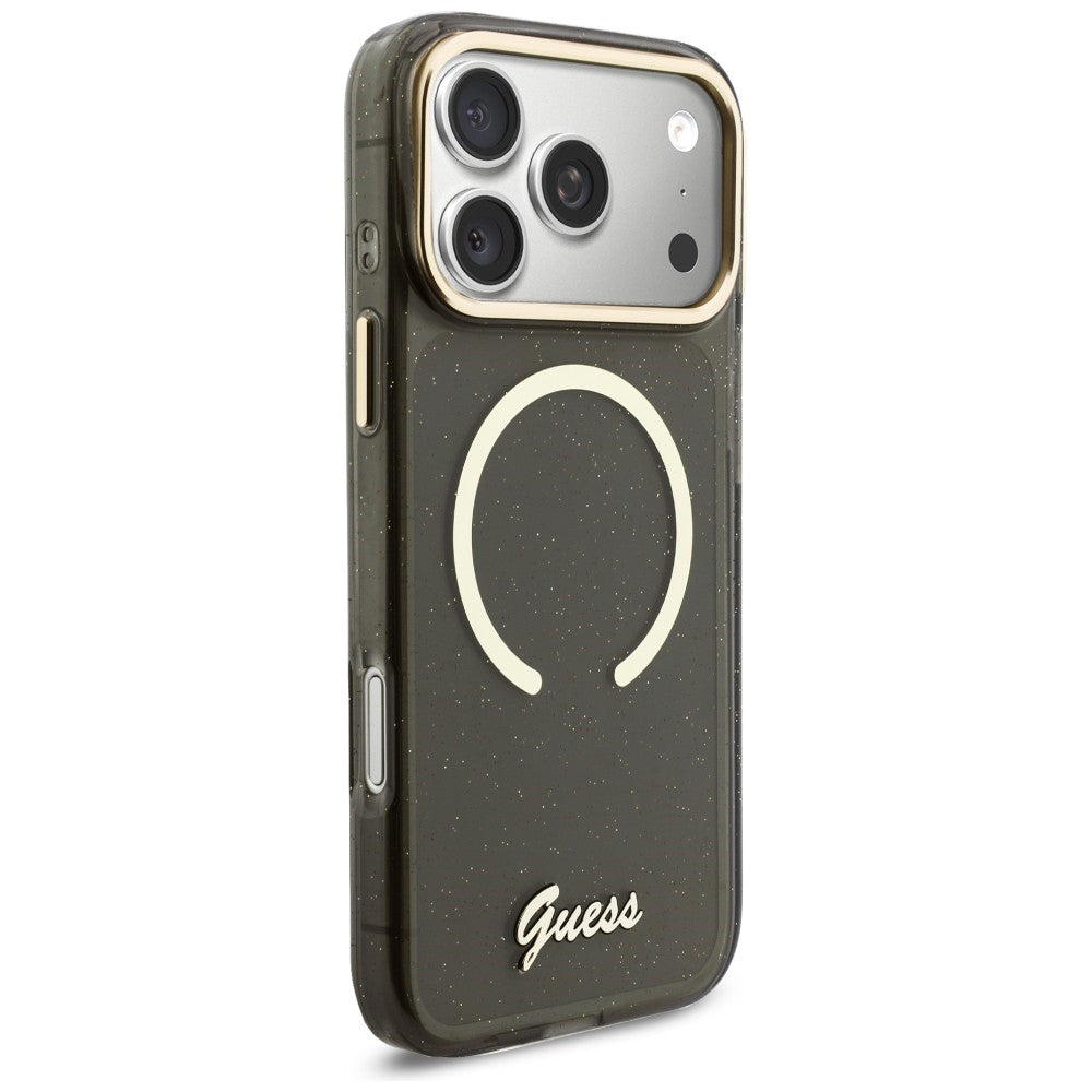 Etui MagSafe dla Apple iPhone 17 Pro Max, Guess, IML Glitter Script Strap, Czarne