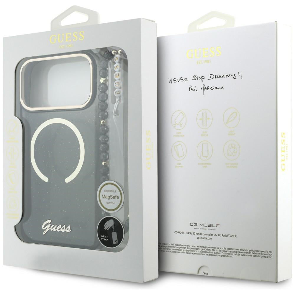 Etui MagSafe dla Apple iPhone 17 Pro Max, Guess, IML Glitter Script Strap, Czarne