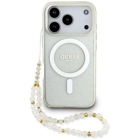 Etui MagSafe dla Apple iPhone 17 Pro Max, Guess, IML Glitter with Pearl Strap, Przezroczyste