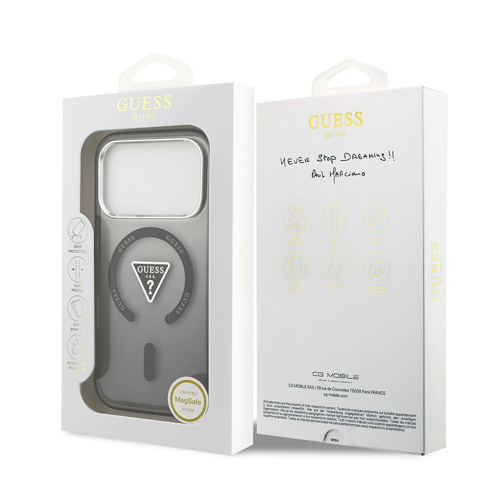 Etui MagSafe dla Apple iPhone 17 Pro Max, Guess, IML Gradient Triangle Logo, Czarne Srebrne