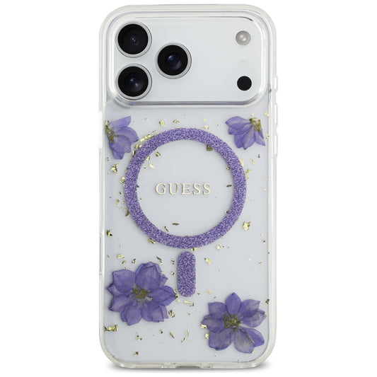 Etui MagSafe dla Apple iPhone 17 Pro Max, Guess, Resin Flowers and Glitter, Fioletowy