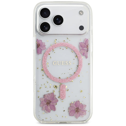 Etui MagSafe dla Apple iPhone 17 Pro Max, Guess, Resin Flowers and Glitter, Różowy