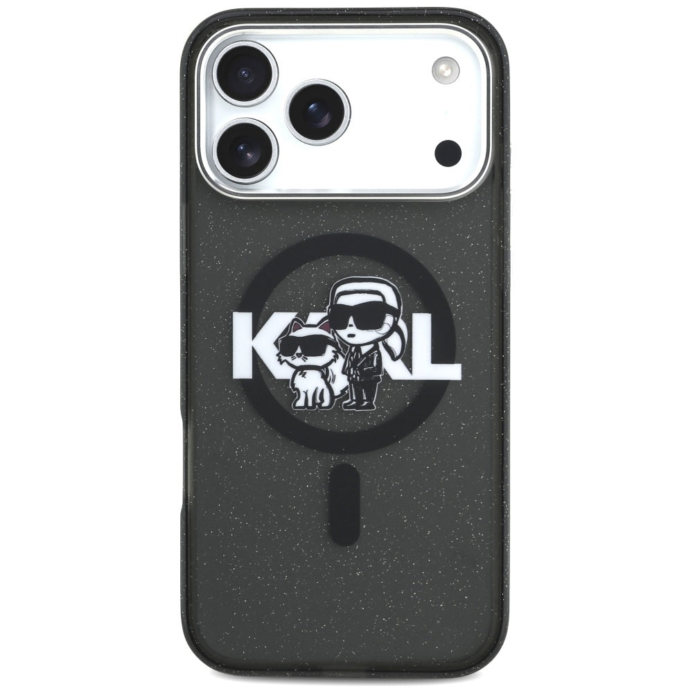 Etui MagSafe dla Apple iPhone 17 Pro Max, Karl Lagerfeld, IML Sketch Logo Glitter Karl & Choupette, Czarne.