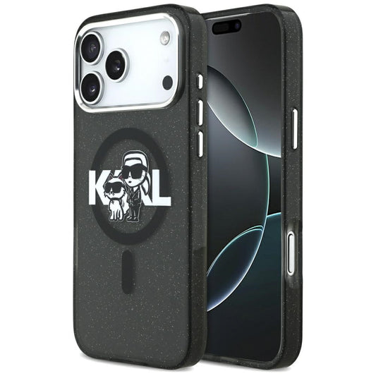 Etui MagSafe dla Apple iPhone 17 Pro Max, Karl Lagerfeld, IML Sketch Logo Glitter Karl & Choupette, Czarne.