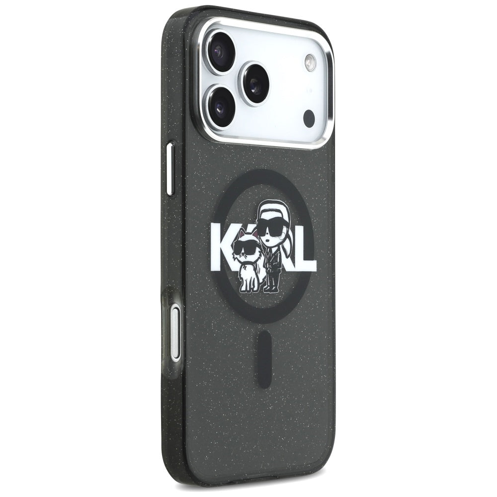 Etui MagSafe dla Apple iPhone 17 Pro Max, Karl Lagerfeld, IML Sketch Logo Glitter Karl & Choupette, Czarne.