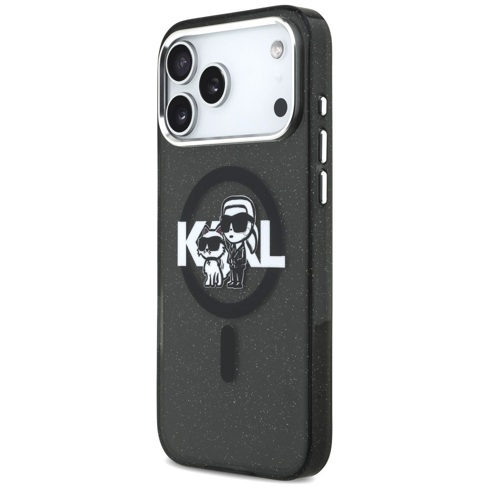 Etui MagSafe dla Apple iPhone 17 Pro Max, Karl Lagerfeld, IML Sketch Logo Glitter Karl & Choupette, Czarne.