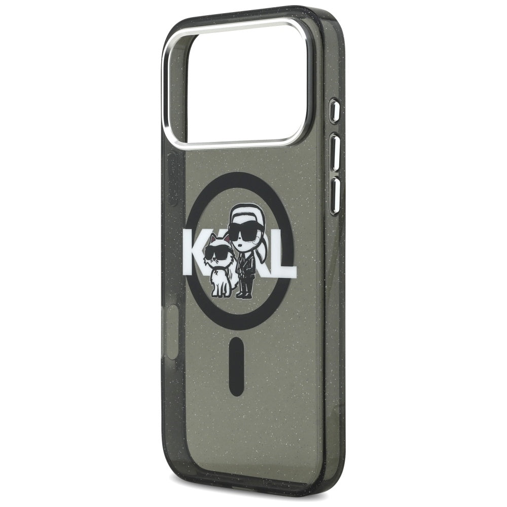 Etui MagSafe dla Apple iPhone 17 Pro Max, Karl Lagerfeld, IML Sketch Logo Glitter Karl & Choupette, Czarne.