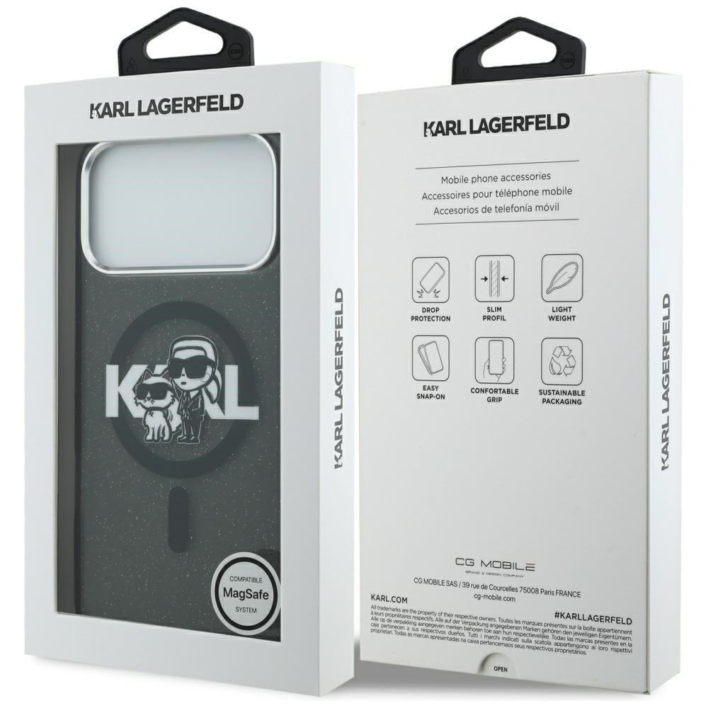 Etui MagSafe dla Apple iPhone 17 Pro Max, Karl Lagerfeld, IML Sketch Logo Glitter Karl & Choupette, Czarne.