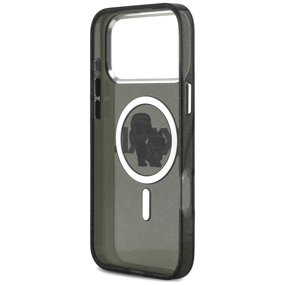 Etui MagSafe dla Apple iPhone 17 Pro Max, Karl Lagerfeld, IML Sketch Logo Glitter Karl & Choupette, Czarne.