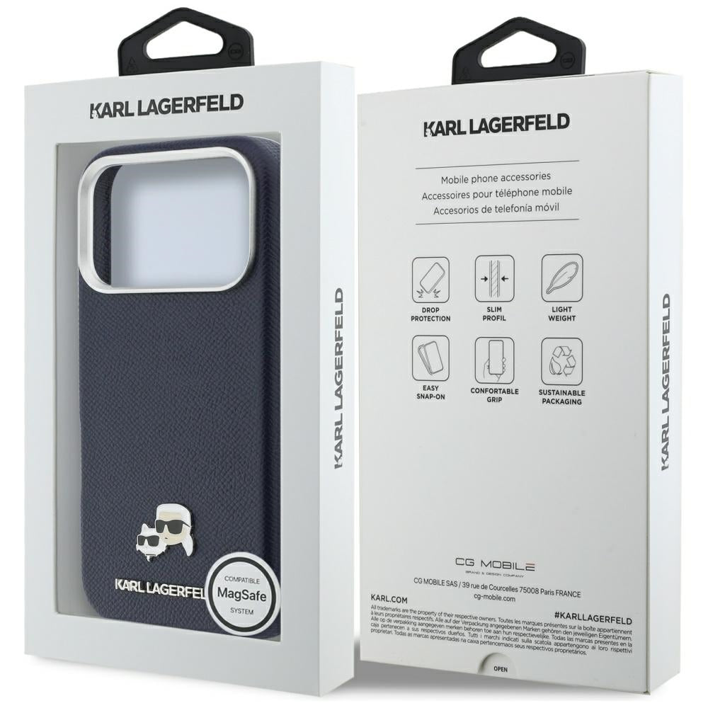 Etui MagSafe dla Apple iPhone 17 Pro Max, Karl Lagerfeld, Saffiano Karl & Choupette Pins, Niebieskie
