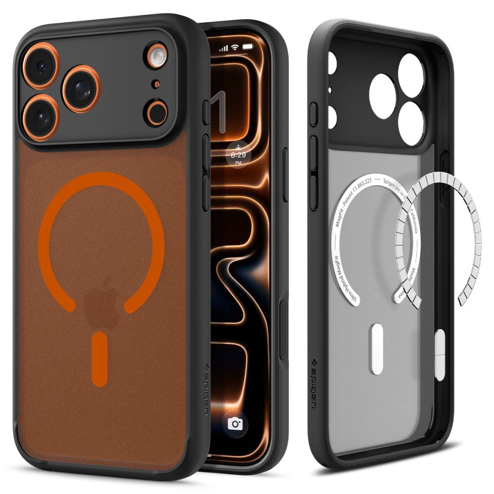 Etui MagSafe dla Apple iPhone 17 Pro Max, Spigen, Ultra Hybrid, Czarne Pomarańczowe Satynowe ACS10482