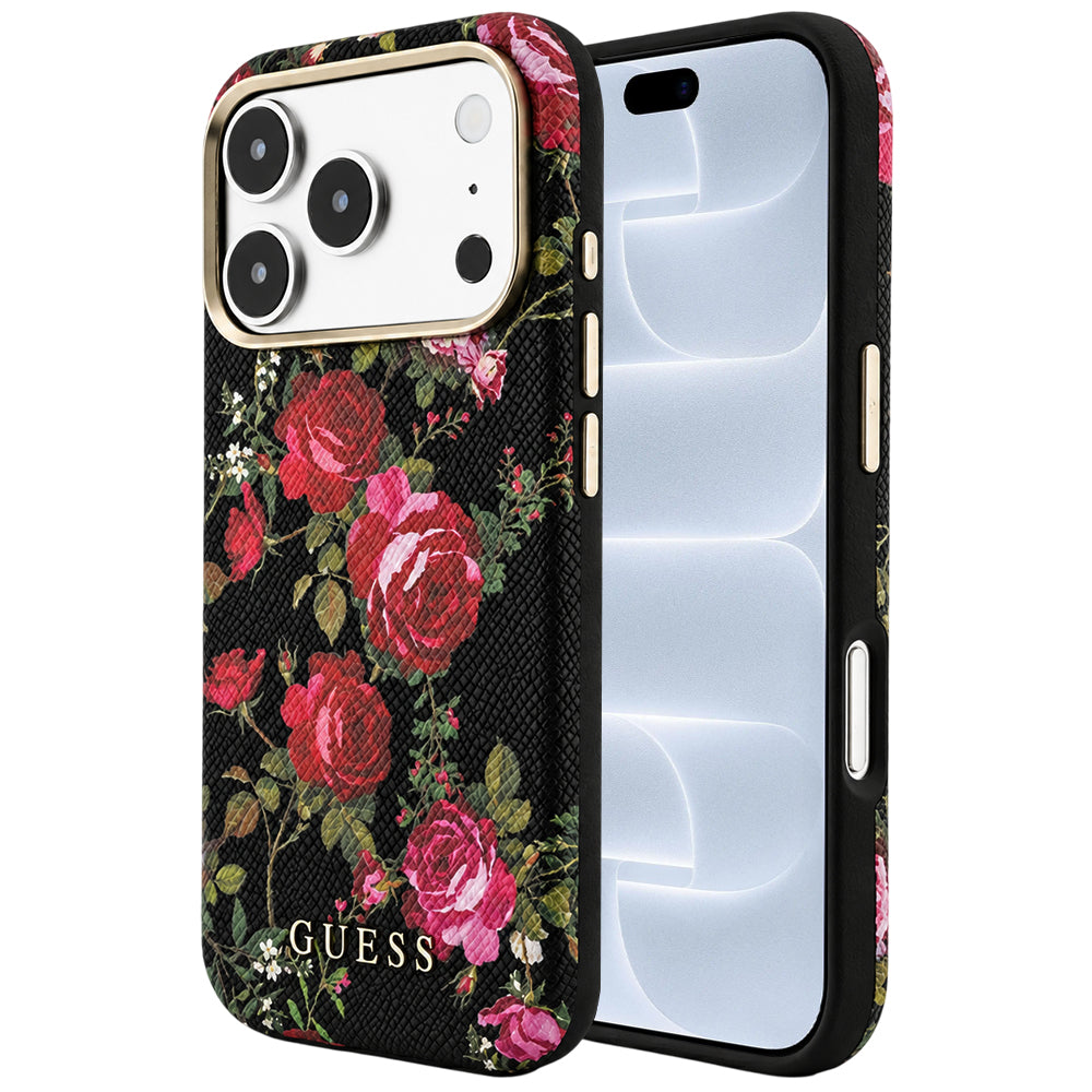MagSafe Case for Apple iPhone 18 Pro / 17 Pro, Guess, Blossom Roses Print, Black