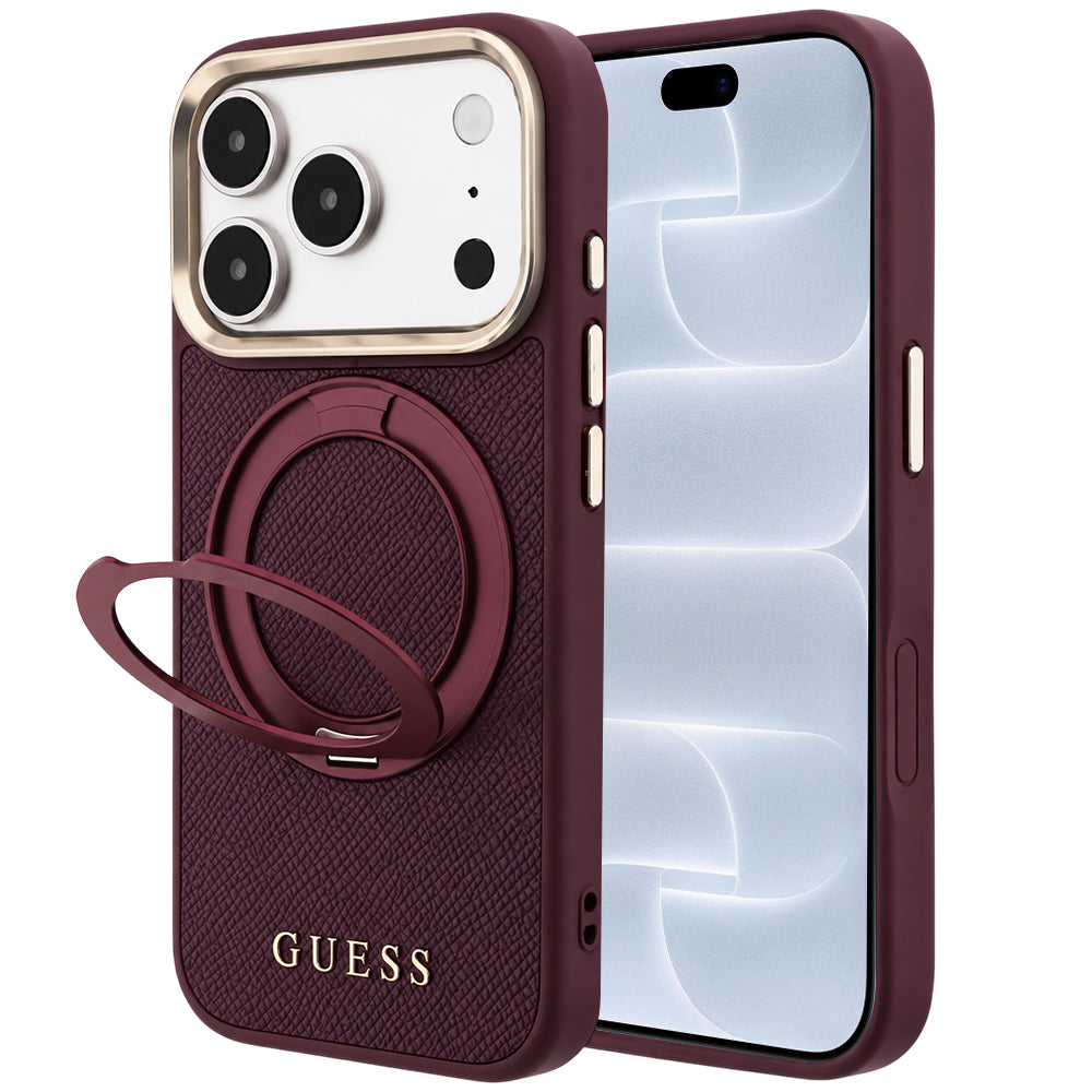Etui MagSafe do Apple iPhone 18 Pro / 17 Pro, Guess, Grained Ring Stand 360 Classic, bordowe