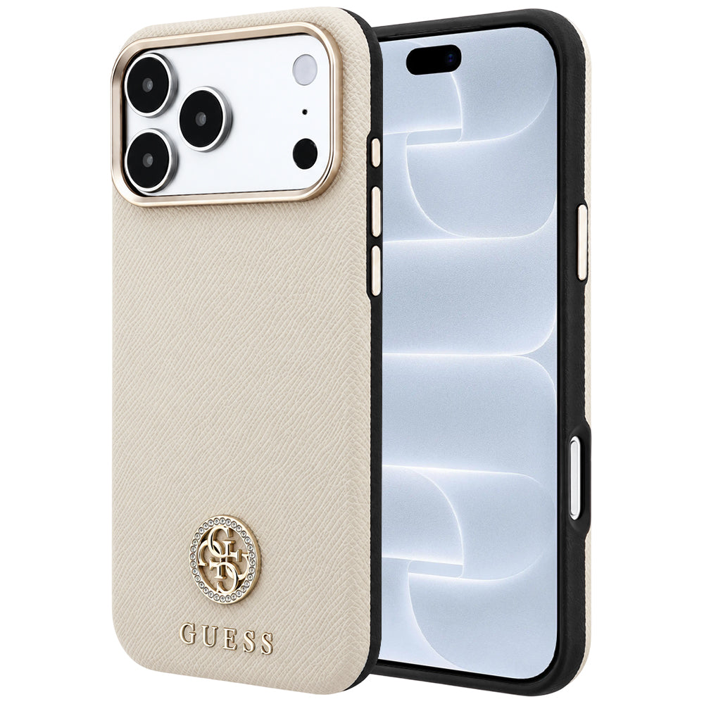 Etui MagSafe do Apple iPhone 18 Pro / 17 Pro, Guess, z ziarnistym okrągłym logo z kryształkami, beżowe