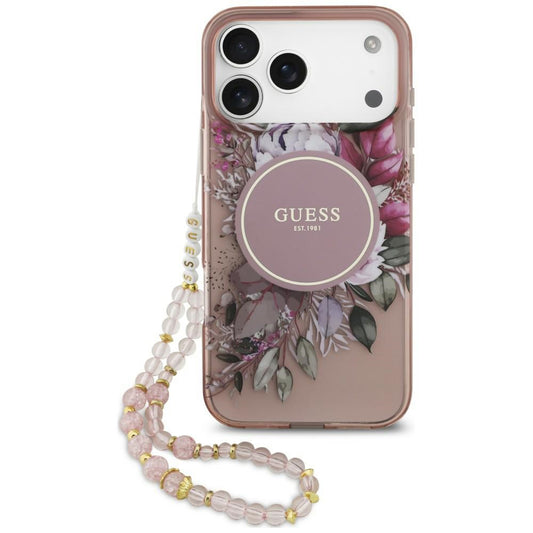 Etui MagSafe do Apple iPhone 18 Pro / 17 Pro, Guess, IML Flowers with Pearl Strap, różowy