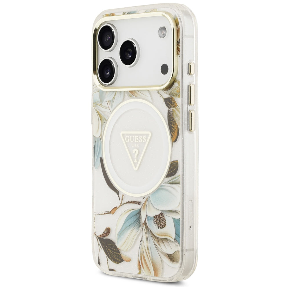 Etui MagSafe do Apple iPhone 18 Pro / 17 Pro, Guess, IML Metal Glitter Flowers Triangle, Białe
