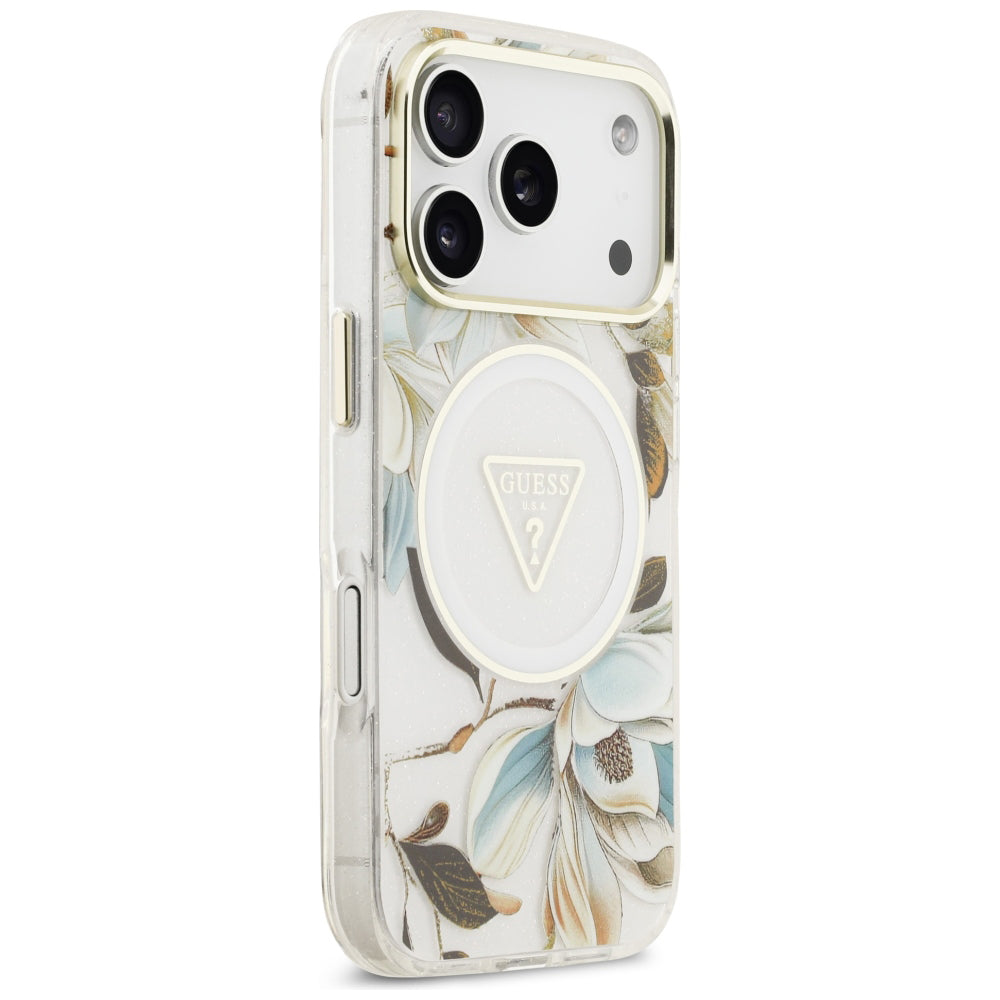 Etui MagSafe do Apple iPhone 18 Pro / 17 Pro, Guess, IML Metal Glitter Flowers Triangle, Białe