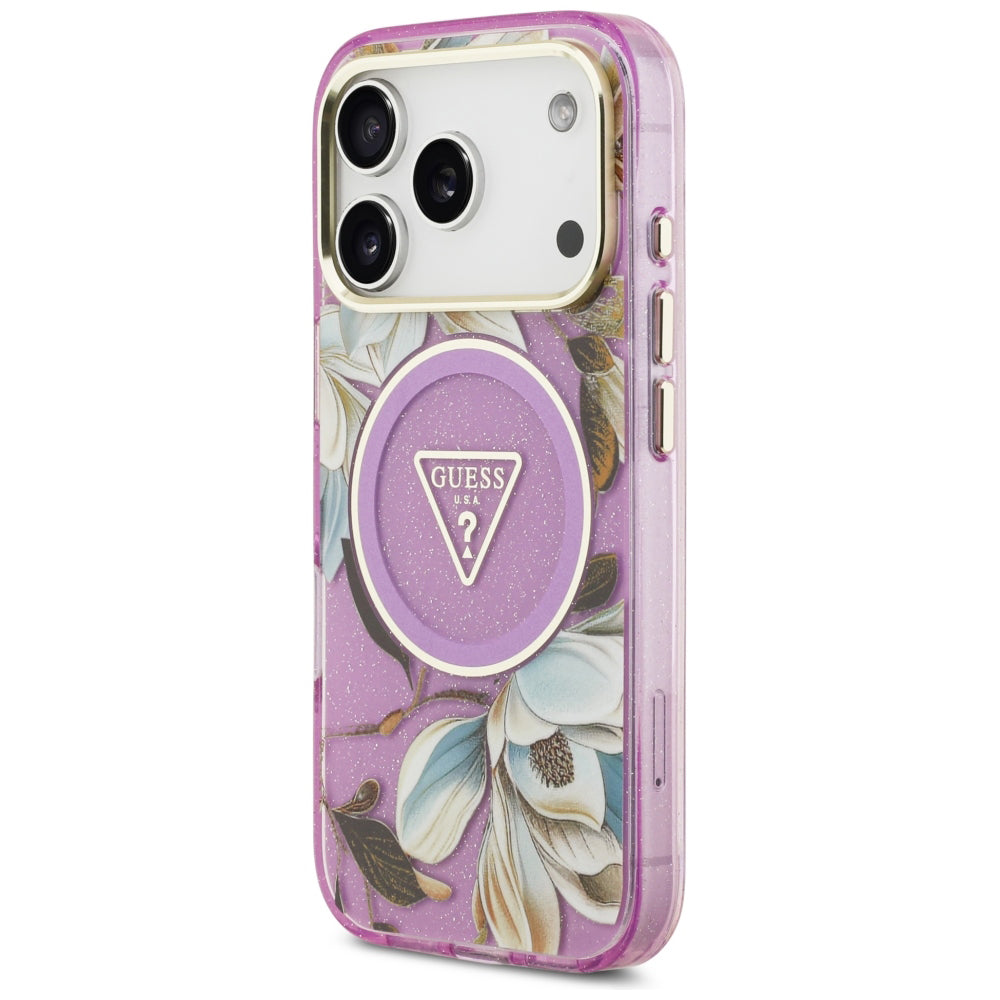 Etui MagSafe do Apple iPhone 18 Pro / 17 Pro, Guess, IML Metal Glitter Flowers Triangle, Fioletowy