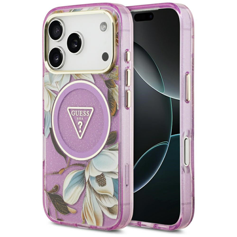 Etui MagSafe do Apple iPhone 18 Pro / 17 Pro, Guess, IML Metal Glitter Flowers Triangle, Fioletowy