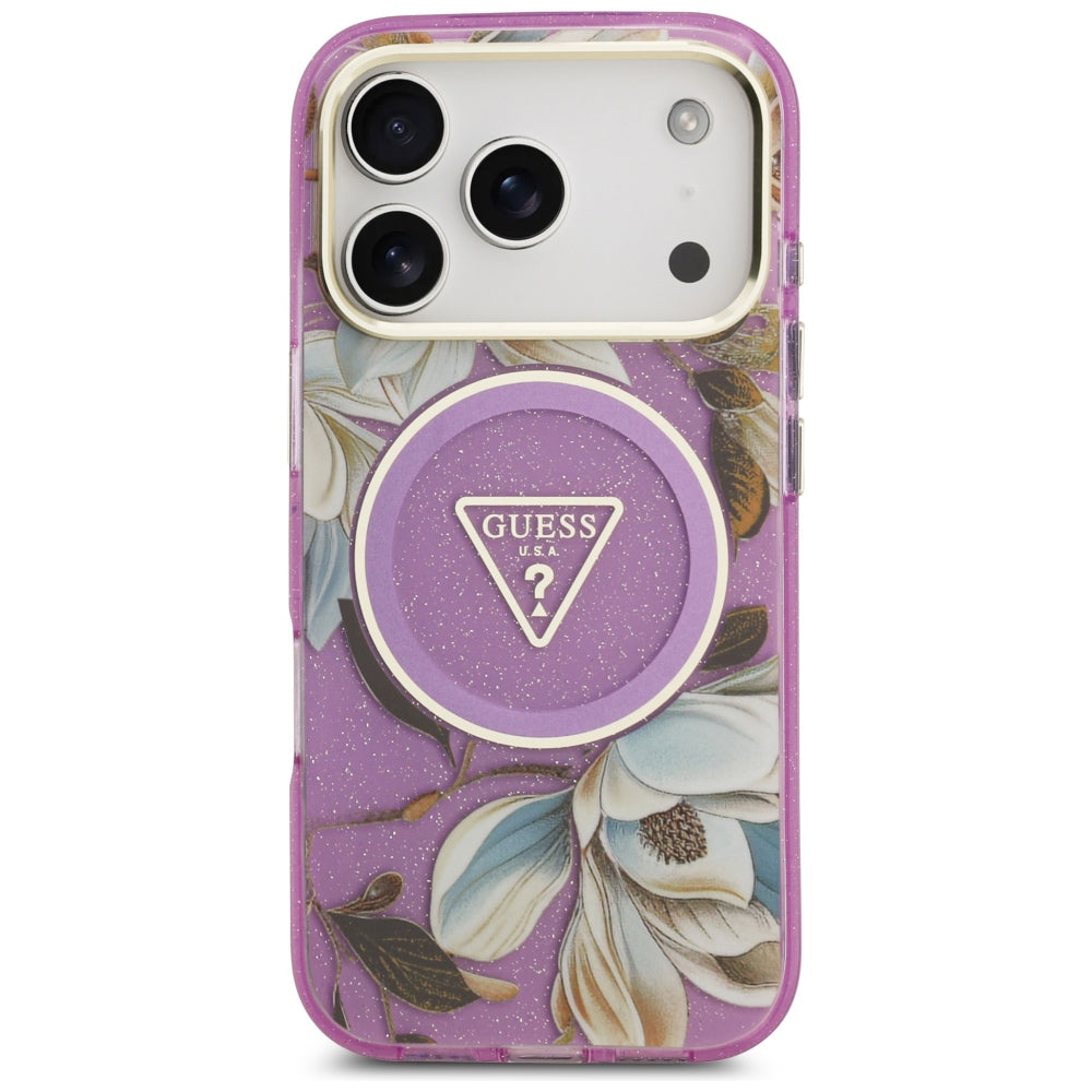 Etui MagSafe do Apple iPhone 18 Pro / 17 Pro, Guess, IML Metal Glitter Flowers Triangle, Fioletowy