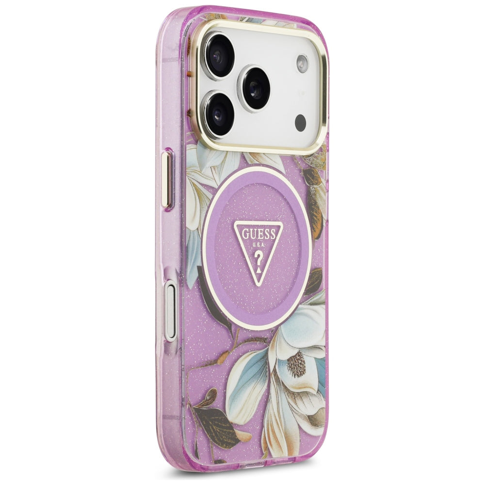 Etui MagSafe do Apple iPhone 18 Pro / 17 Pro, Guess, IML Metal Glitter Flowers Triangle, Fioletowy