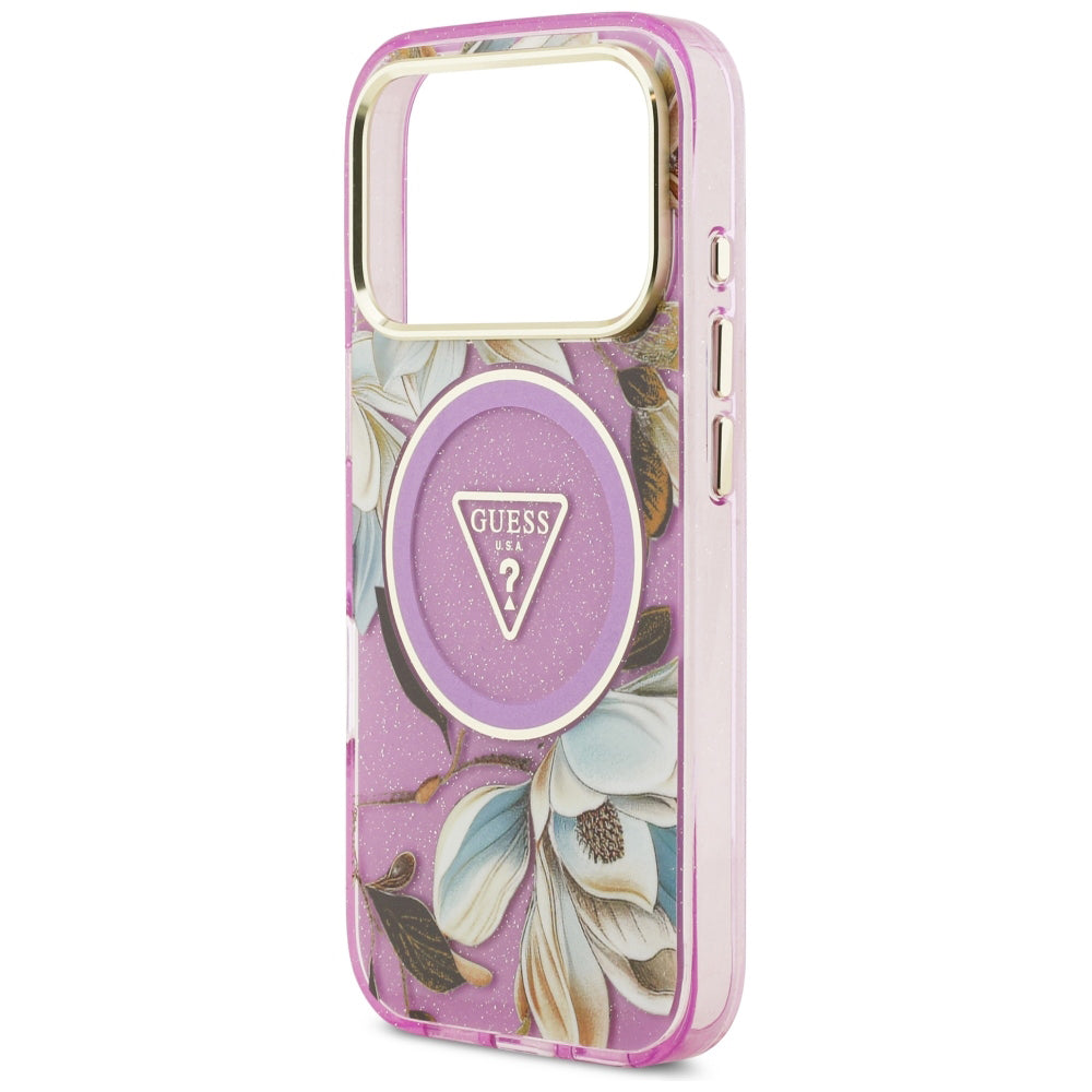 Etui MagSafe do Apple iPhone 18 Pro / 17 Pro, Guess, IML Metal Glitter Flowers Triangle, Fioletowy