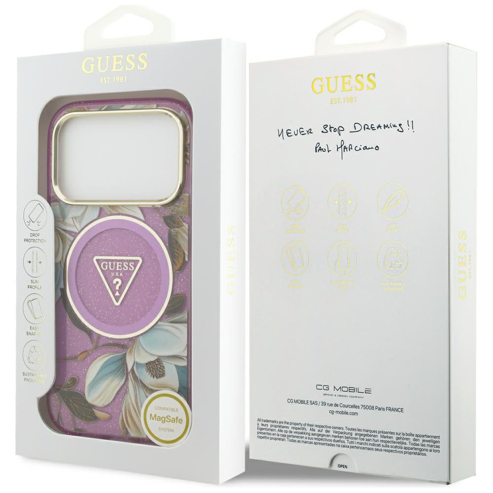 Etui MagSafe do Apple iPhone 18 Pro / 17 Pro, Guess, IML Metal Glitter Flowers Triangle, Fioletowy