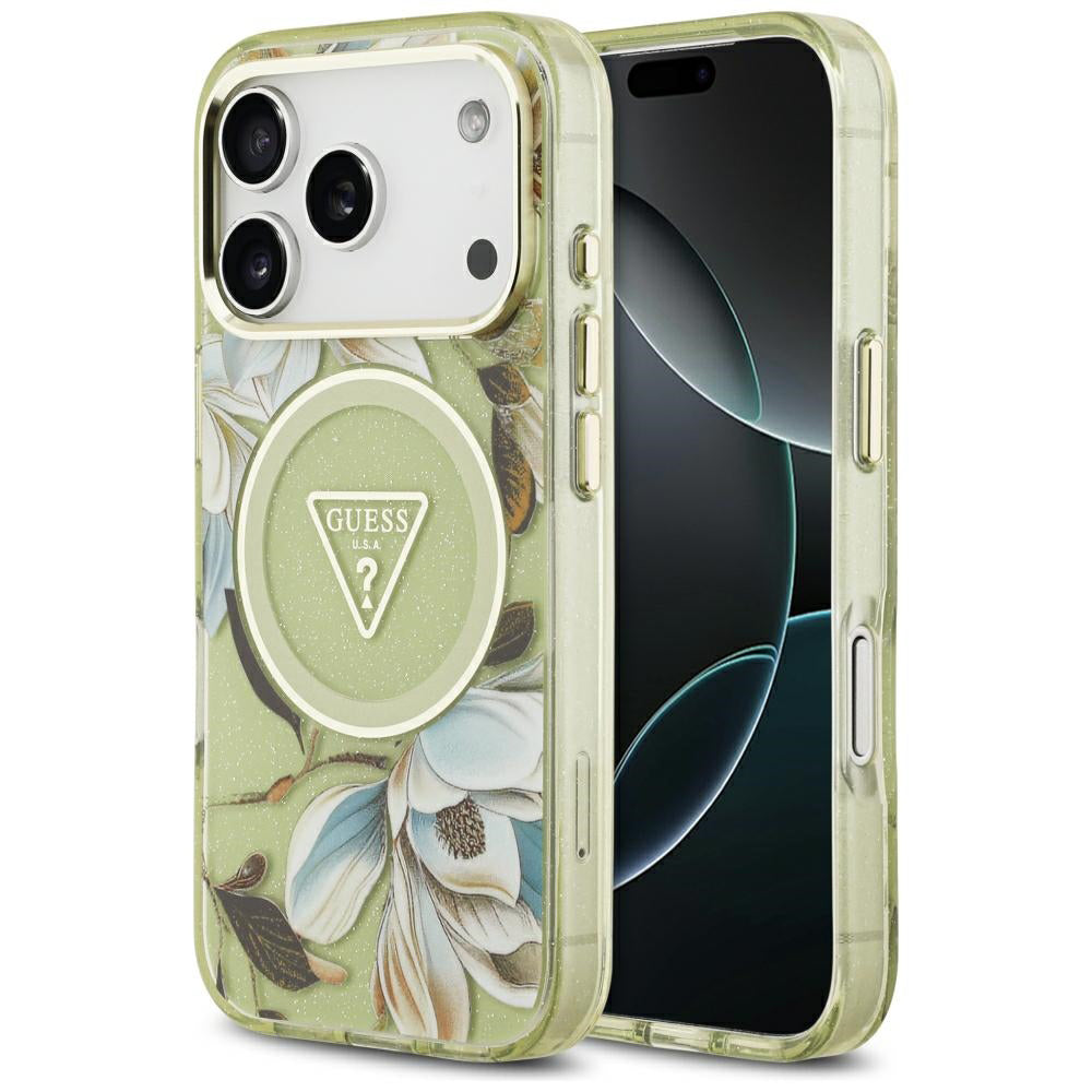 Etui MagSafe do Apple iPhone 18 Pro / 17 Pro, Guess, IML Metal Glitter Flowers Triangle, Zielony