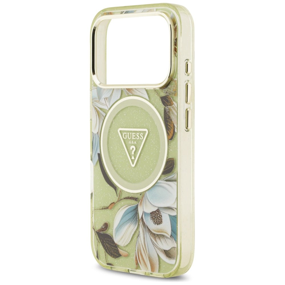 Etui MagSafe do Apple iPhone 18 Pro / 17 Pro, Guess, IML Metal Glitter Flowers Triangle, Zielony