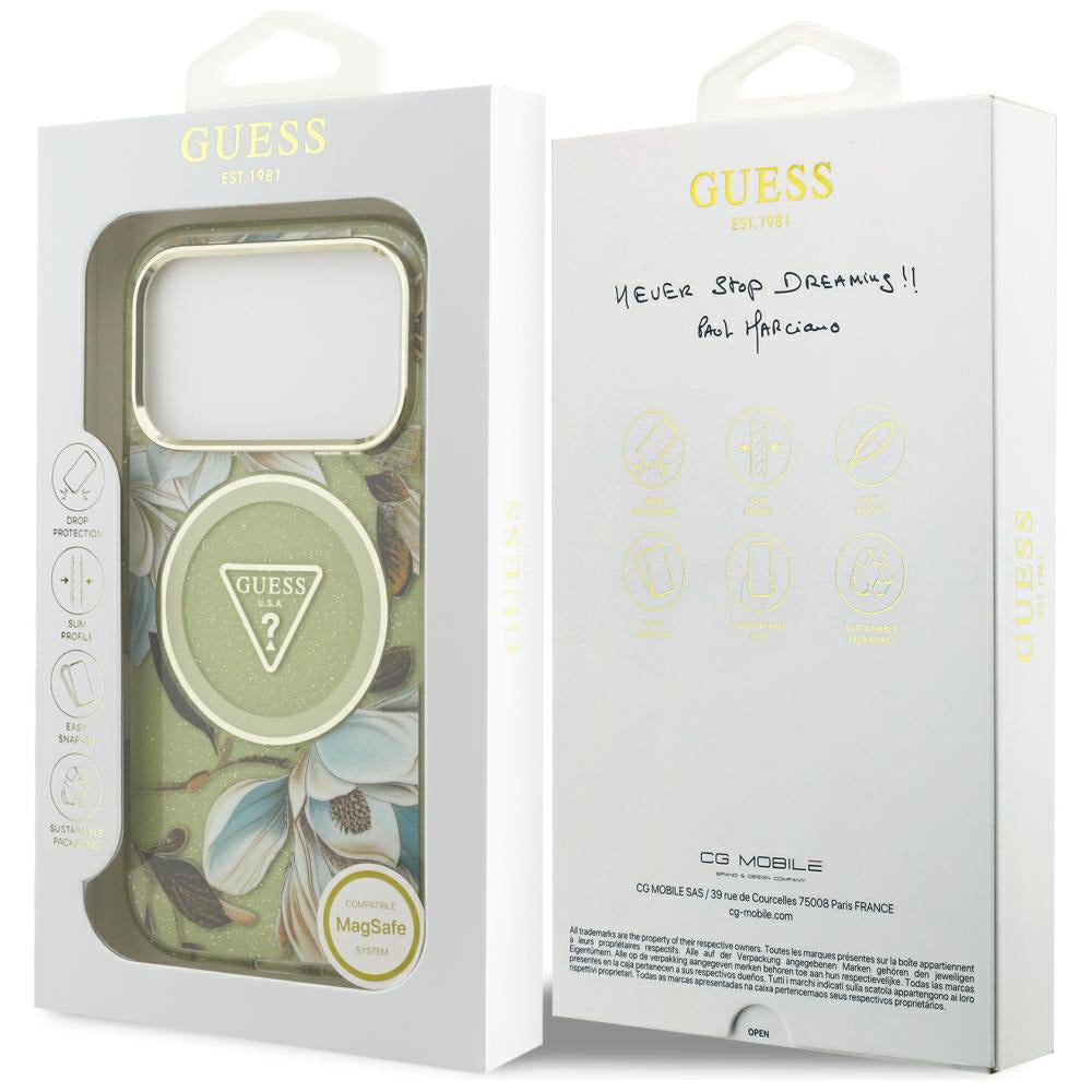 Etui MagSafe do Apple iPhone 18 Pro / 17 Pro, Guess, IML Metal Glitter Flowers Triangle, Zielony