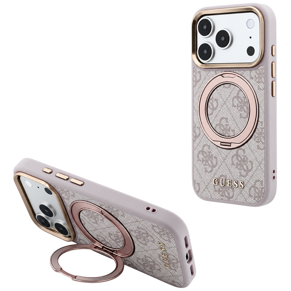 Etui MagSafe do Apple iPhone 18 Pro / 17 Pro, Guess, Ring Stand 360 4G Classic Logo, Różowe