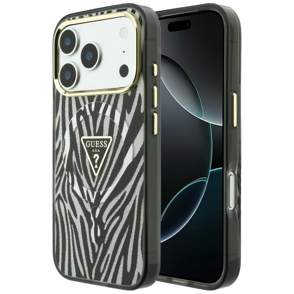 Etui MagSafe do Apple iPhone 18 Pro / 17 Pro, Guess, Zebra Glitter Triangle Logo, Srebrne