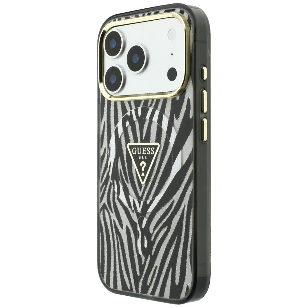 Etui MagSafe do Apple iPhone 18 Pro / 17 Pro, Guess, Zebra Glitter Triangle Logo, Srebrne