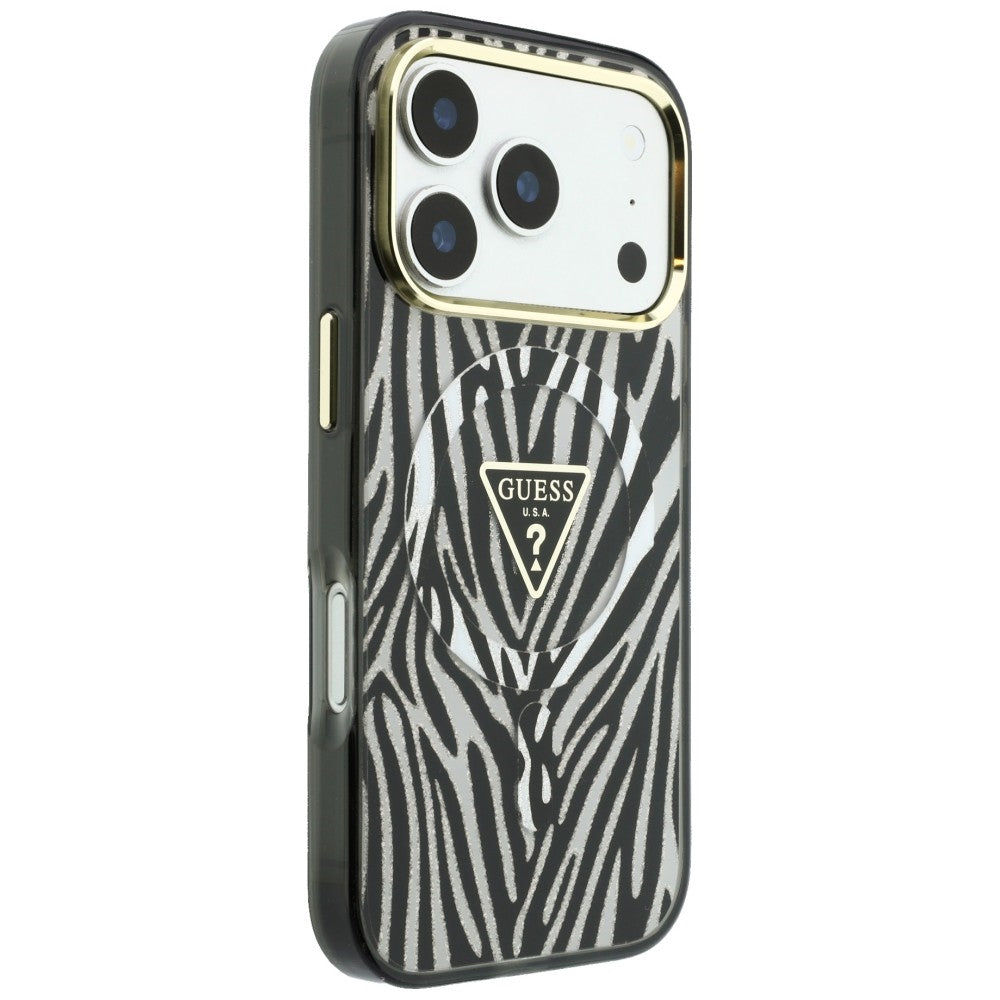 Etui MagSafe do Apple iPhone 18 Pro / 17 Pro, Guess, Zebra Glitter Triangle Logo, Srebrne