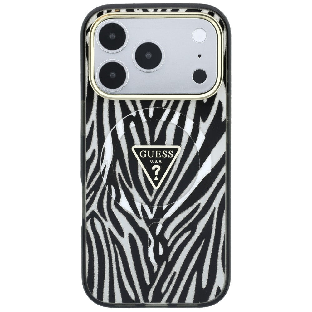 Etui MagSafe do Apple iPhone 18 Pro / 17 Pro, Guess, Zebra Glitter Triangle Logo, Srebrne