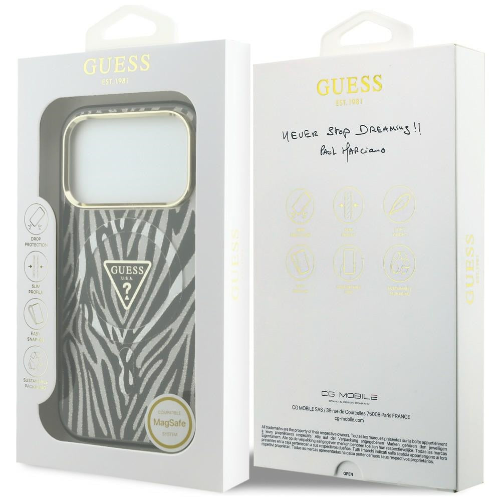 Etui MagSafe do Apple iPhone 18 Pro / 17 Pro, Guess, Zebra Glitter Triangle Logo, Srebrne