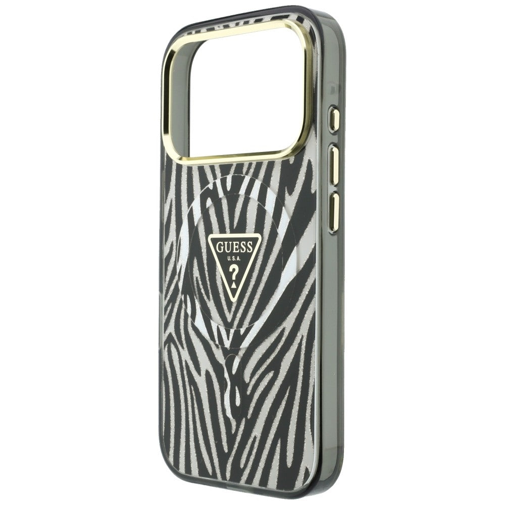 Etui MagSafe do Apple iPhone 18 Pro / 17 Pro, Guess, Zebra Glitter Triangle Logo, Srebrne