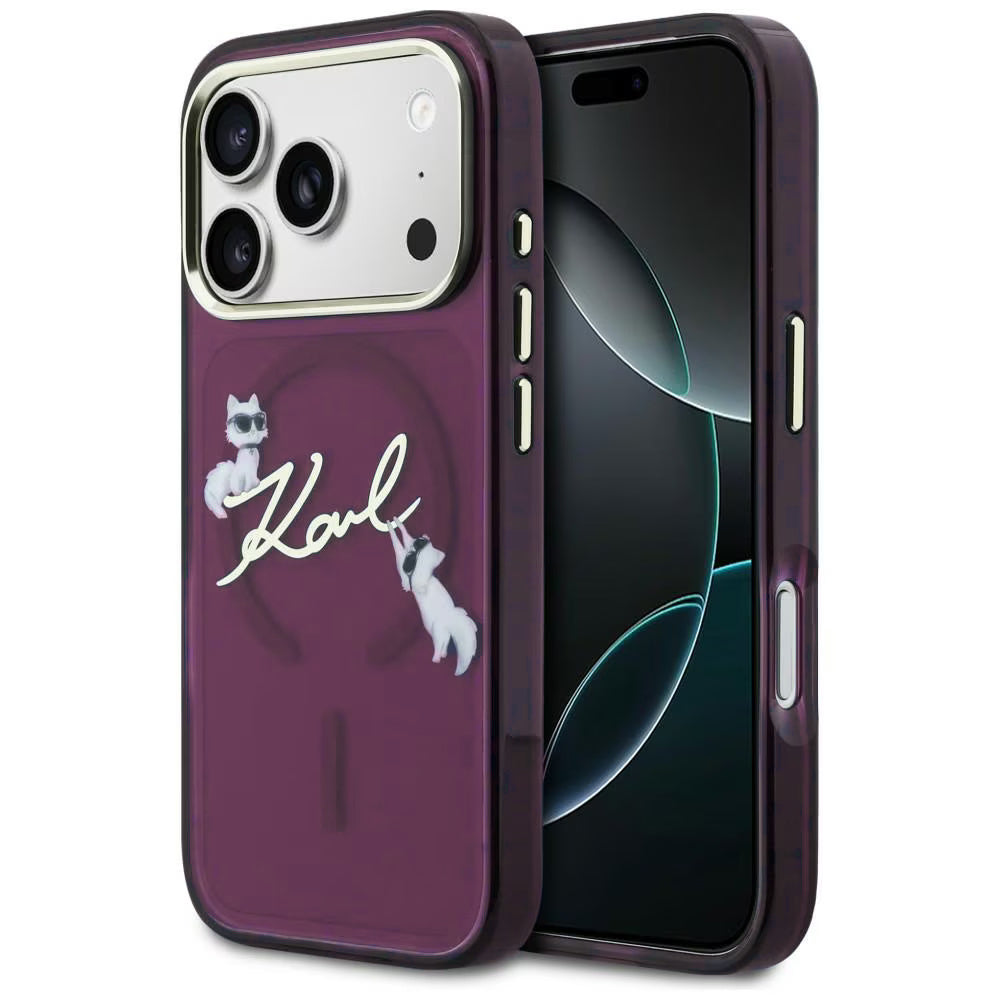 Etui MagSafe do Apple iPhone 18 Pro / 17 Pro, Karl Lagerfeld, IML Choupette Karl Script Logo, Wiśniowy