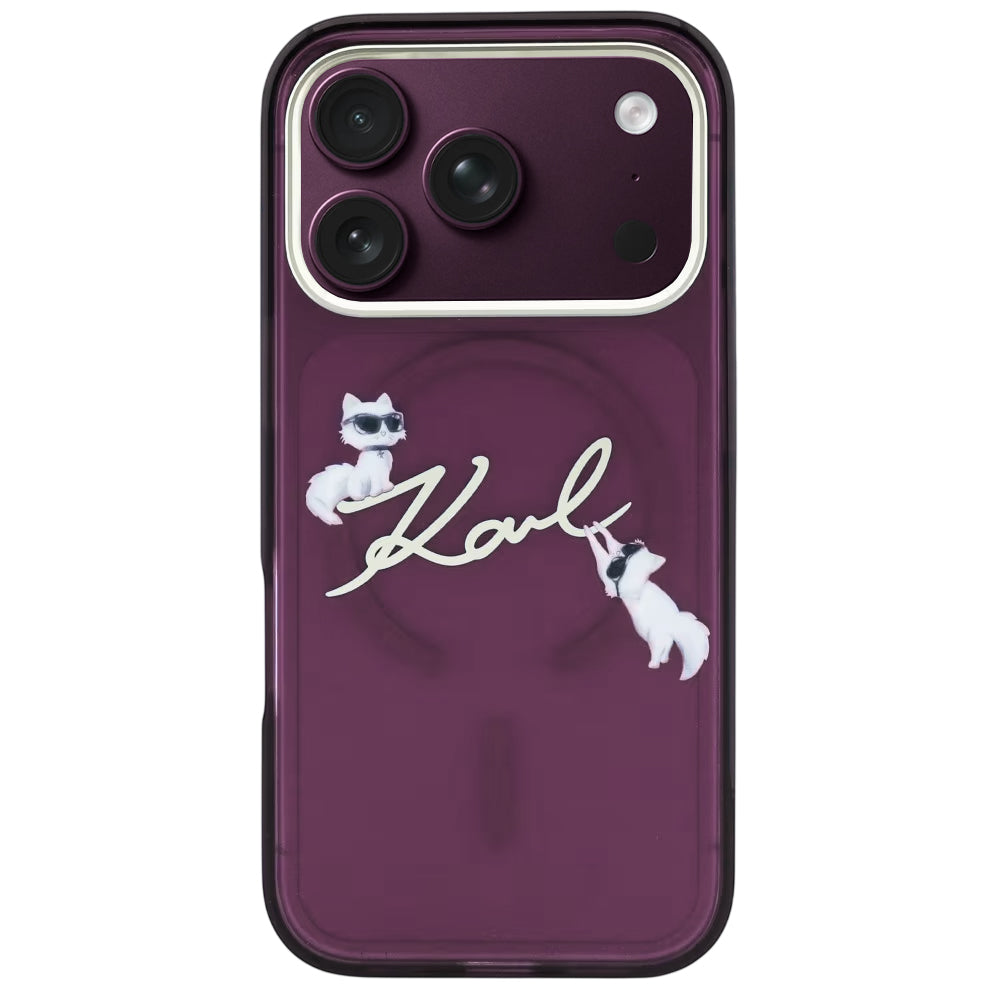 Etui MagSafe do Apple iPhone 18 Pro / 17 Pro, Karl Lagerfeld, IML Choupette Karl Script Logo, Wiśniowy
