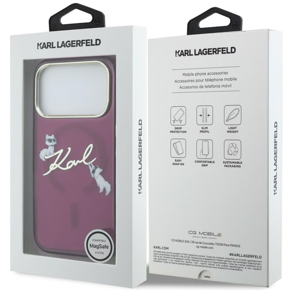 Etui MagSafe do Apple iPhone 18 Pro / 17 Pro, Karl Lagerfeld, IML Choupette Karl Script Logo, Wiśniowy