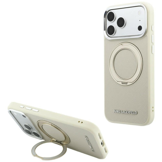 Etui MagSafe do Apple iPhone 18 Pro / 17 Pro, Karl Lagerfeld, Ring Stand 360 Saffiano, beżowy